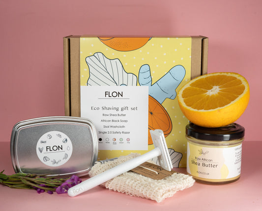 An FLON eco-friendly shaving gift set beautifully made with oranges, honey, and soap - the perfect gift.