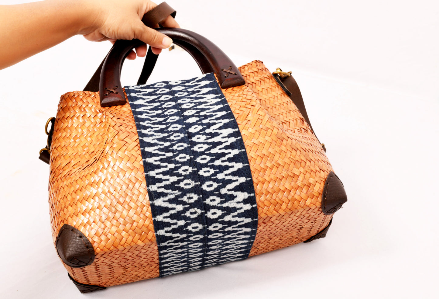Blue and Tan Woven Straw Bag