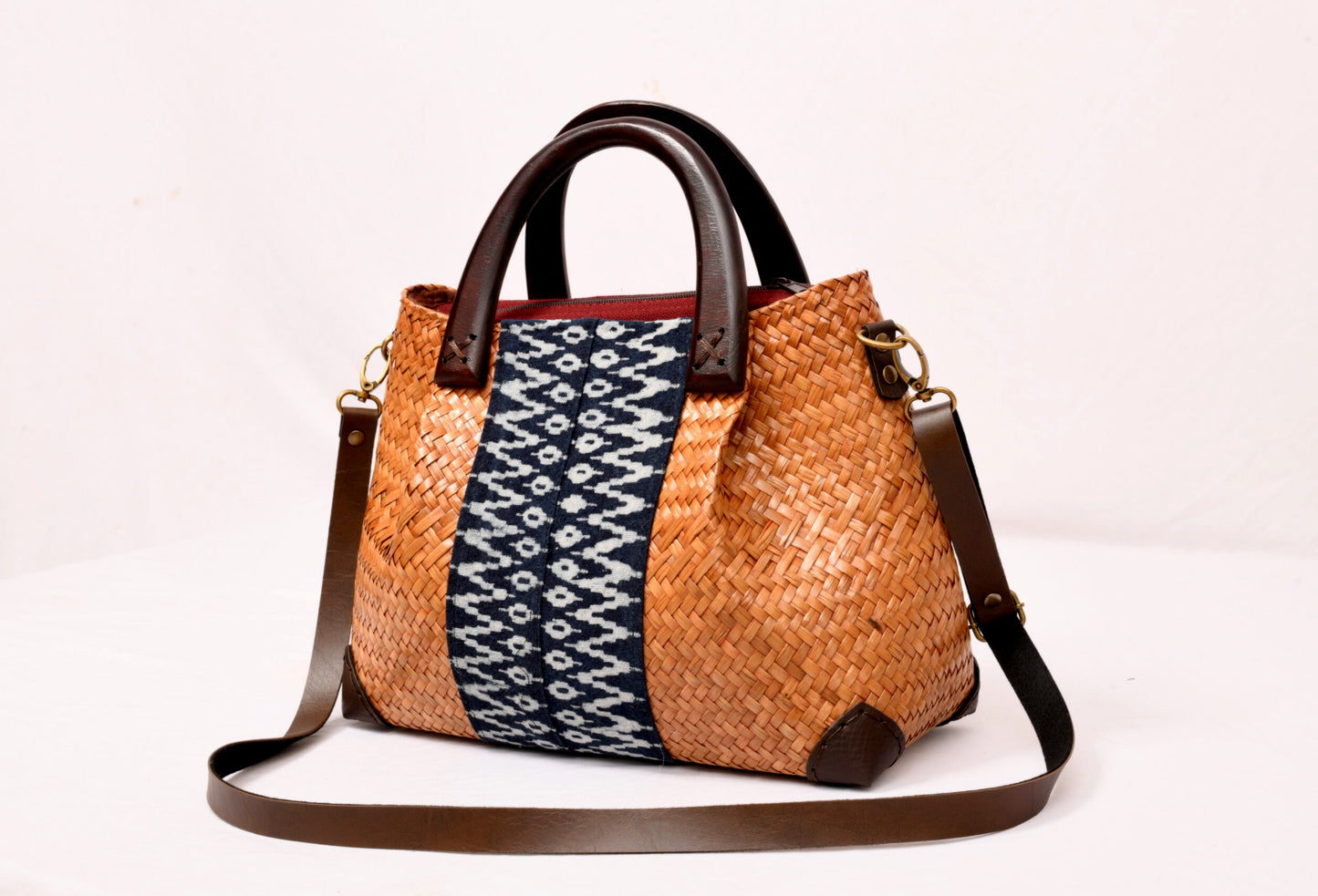 Blue and Tan Woven Straw Bag