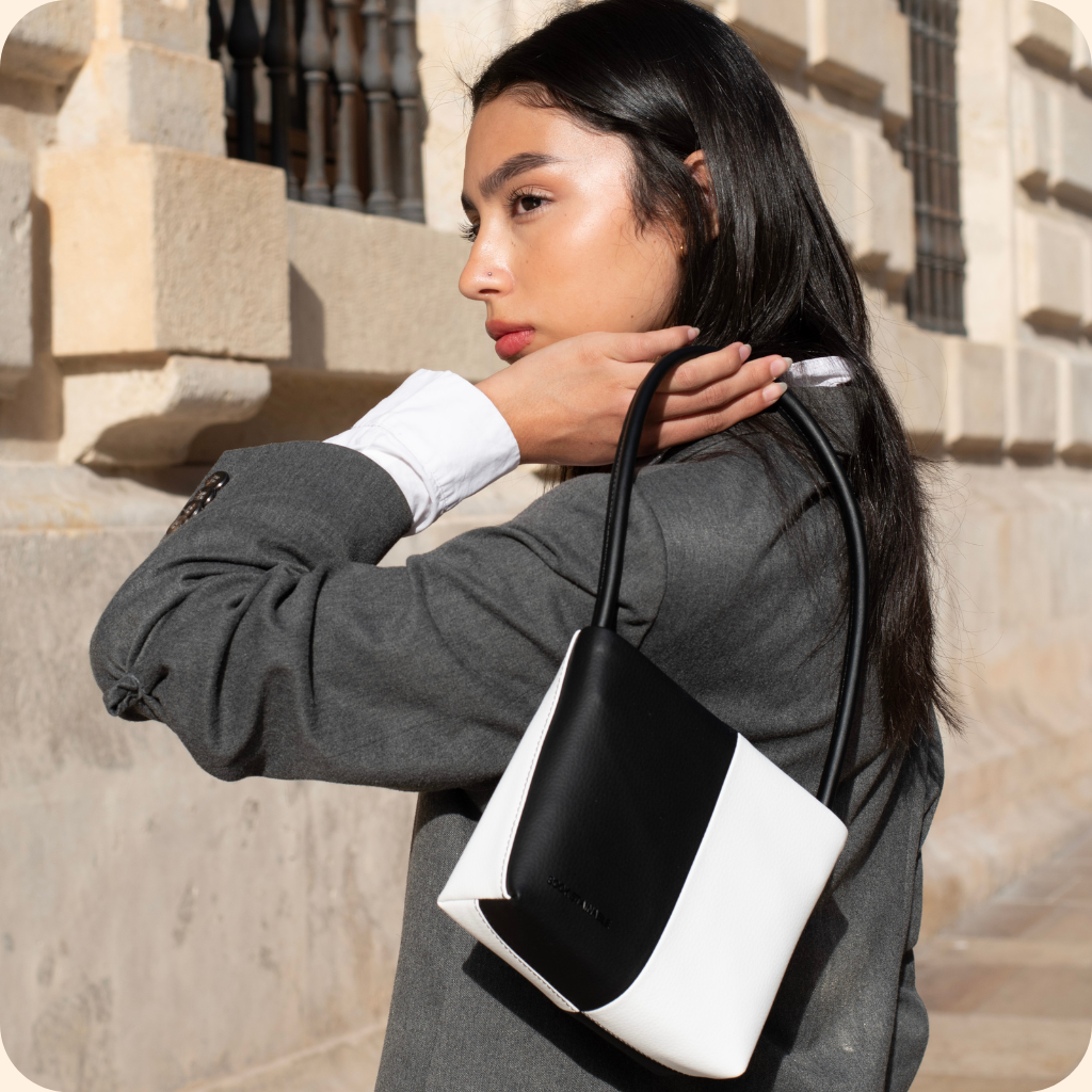 Aria Vegan Apple Leather Black & White Midi Shoulder Bag