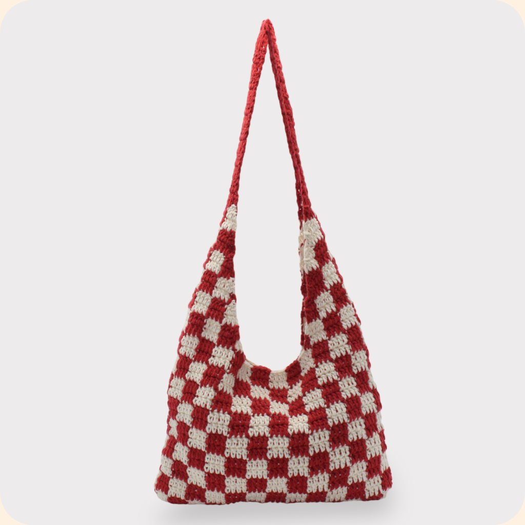 Berry Red Checkered Pattern Chess Crochet Tote Bag