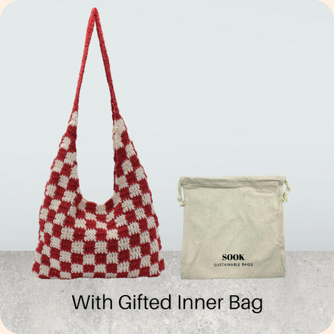 Berry Red Checkered Pattern Chess Crochet Tote Bag
