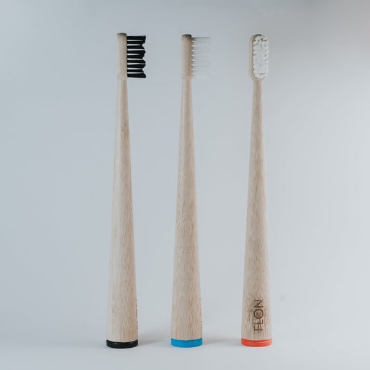 FLON Adult Bamboo toothbrush in black, red and blue