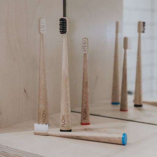 FLON Family Pack- 4 Bamboo Toothbrushes. 100% Eco friendly bamboo handle brushes