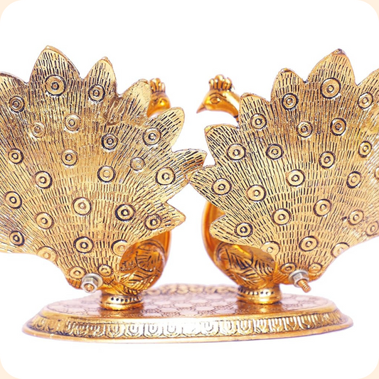 Golden Metal Double Peacock Lovers Statue