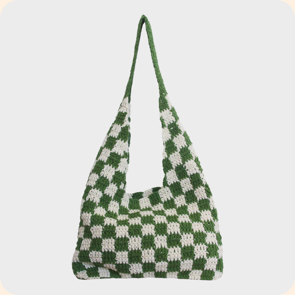 Grass Green Checkered Pattern Chess Crochet Tote Bag