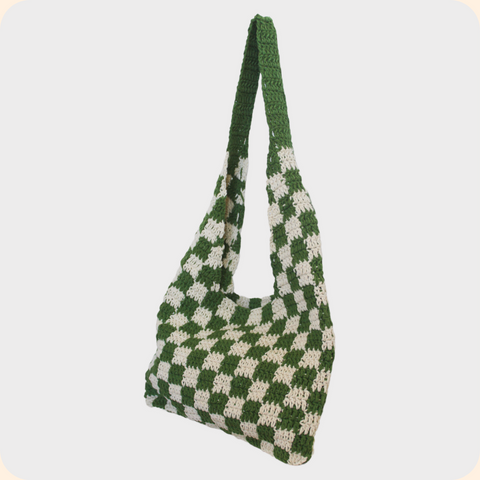 Grass Green Checkered Pattern Chess Crochet Tote Bag