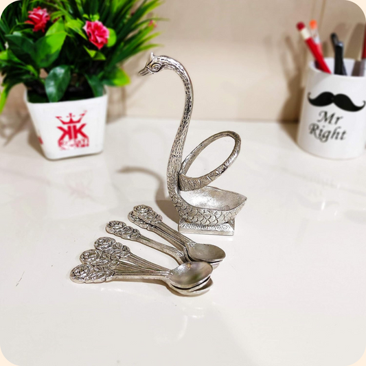 Metal Bird Silver Spoon Stand with 6 Piece Spoon Set
