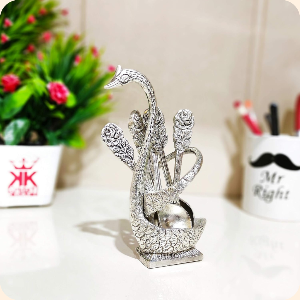 Metal Bird Silver Spoon Stand with 6 Piece Spoon Set