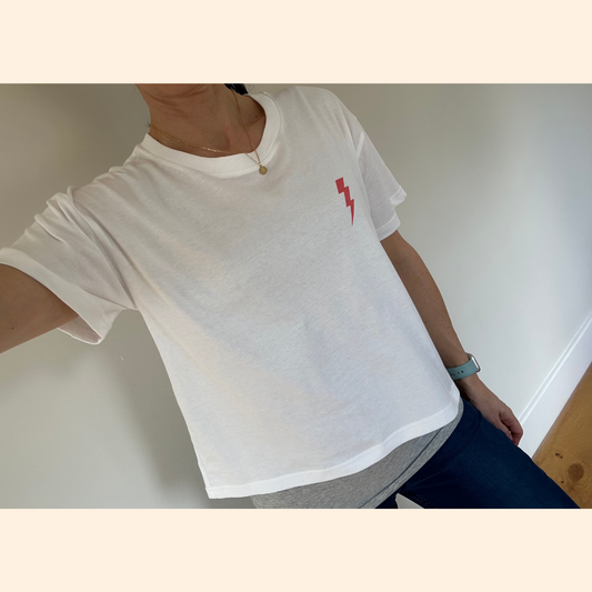 White and Coral Lightning Crop T-Shirt
