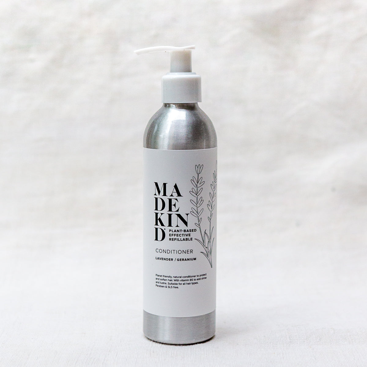 madekind natural hair shampoo 250ml in aluminium bottle with lavender and geranium essential oils