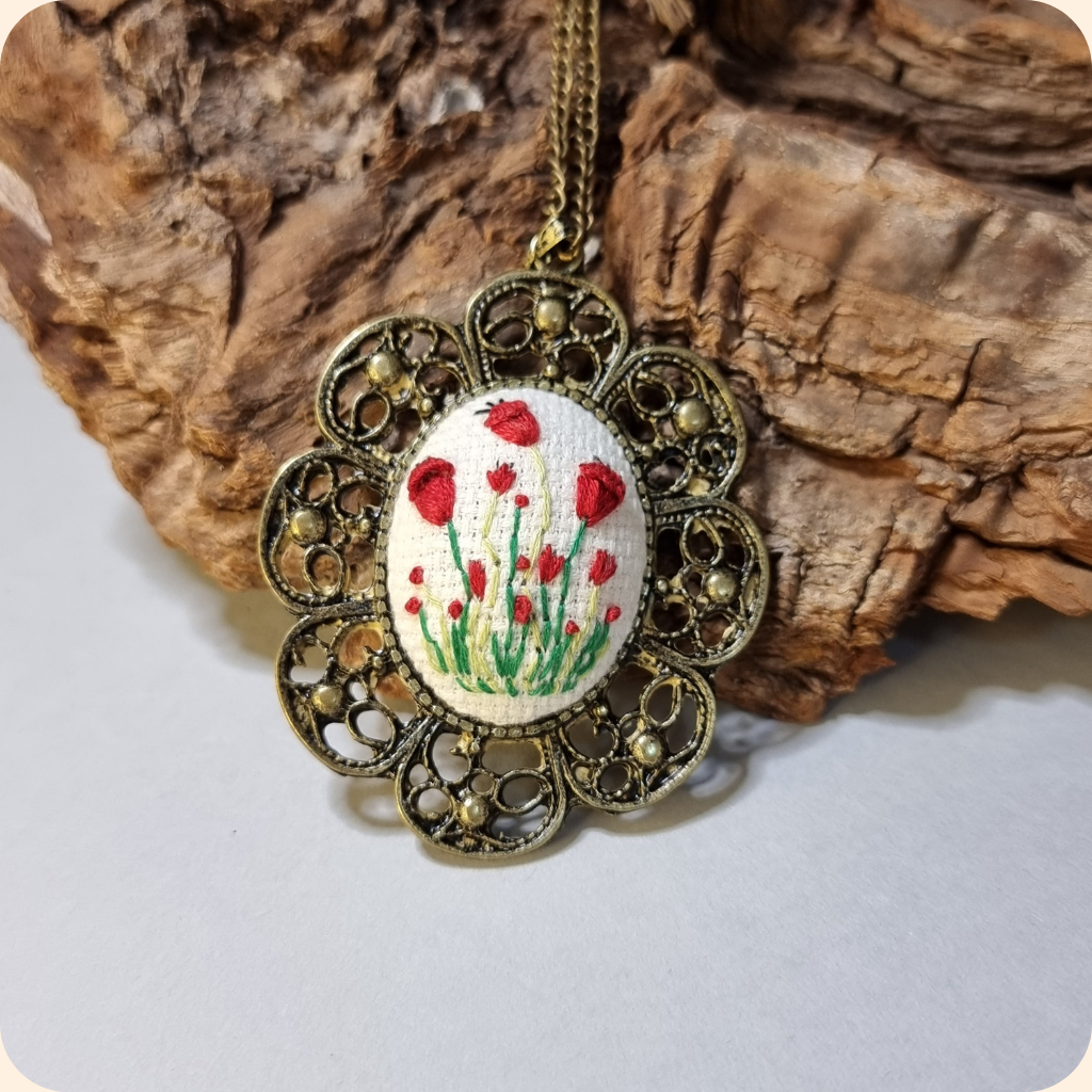 Embroidered Poppy Necklace