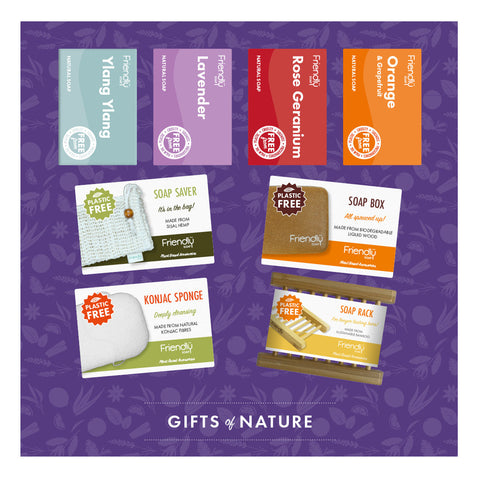 Gifts of Nature hamper contents - 4 soap bars and 4 plant based accessories