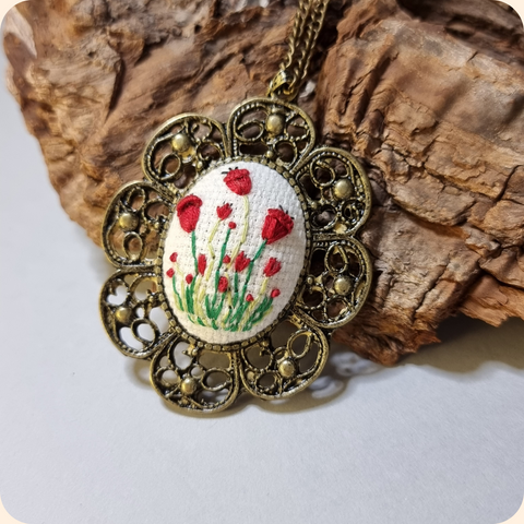 Embroidered Poppy Necklace