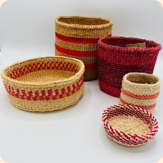 Handmade Sisal 5 Basket Set Red Mix