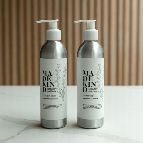madekind natural hair shampoo 250ml in aluminium bottle with lavender and geranium essential oils