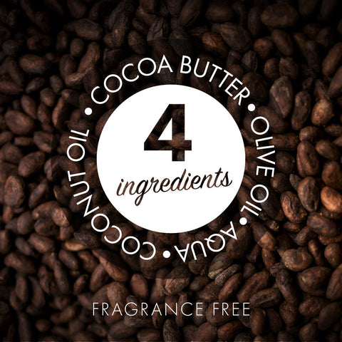 4 simple ingredients - coconut oil, coccoa butter, olive oil, water.