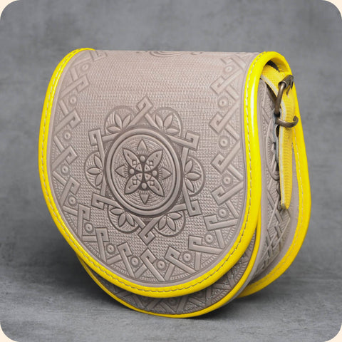 Grey and Yellow Rounded Leather Bag