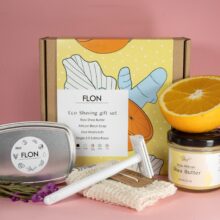 An FLON eco-friendly shaving gift set beautifully made with oranges, honey, and soap - the perfect gift.