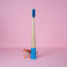 A blue Kids Bamboo Toothbrush with a FLON toy tiger next to it.