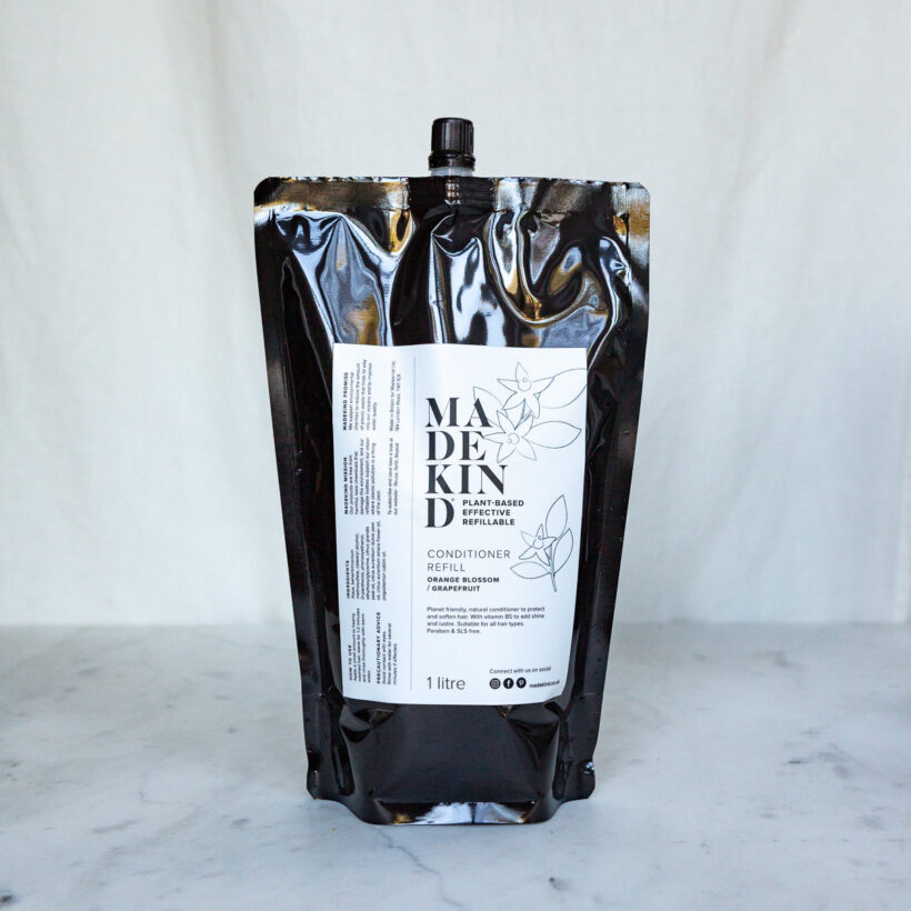 Madekind natural hair conditioner 1 litre refill pouch with orange blossom and grapefruit essential oils