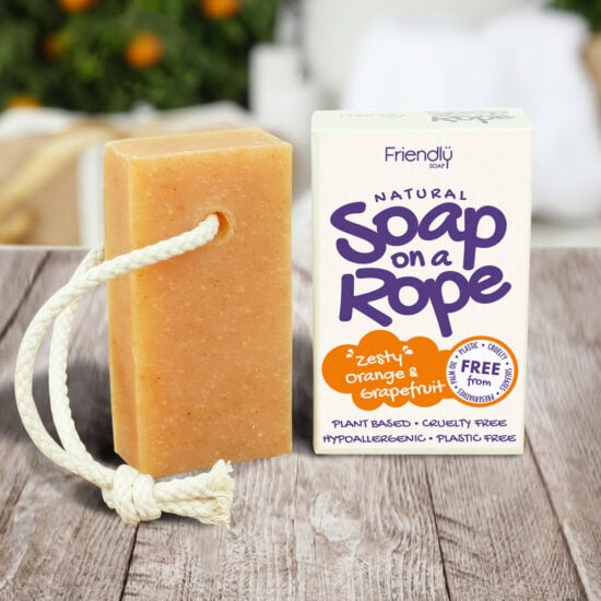 friendly soap on a rope orange - on a table in the bathroom