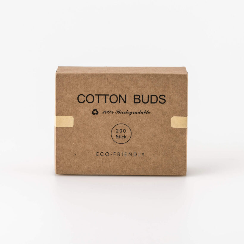 A box of Bristolmade biodegradable cotton buds, featuring eco-friendly bamboo sticks and soft cotton tips, packaged in a recyclable cardboard box.