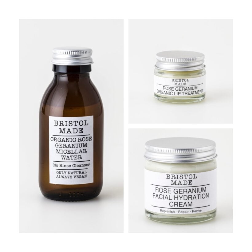 Skincare gift set containing three products, in glass packing. Products included are a micellar water for cleaning the skin, a moisturiser and lip balm. All with rose geranium essential oil as the fragrance.