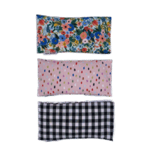 Photo of three lavender eye pillows, one floral, a pink with various coloured spots and a black and white check, on a white background
