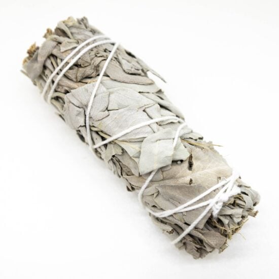 A pale green bundle of dried white sage leaves, tied together with white cotton sting.