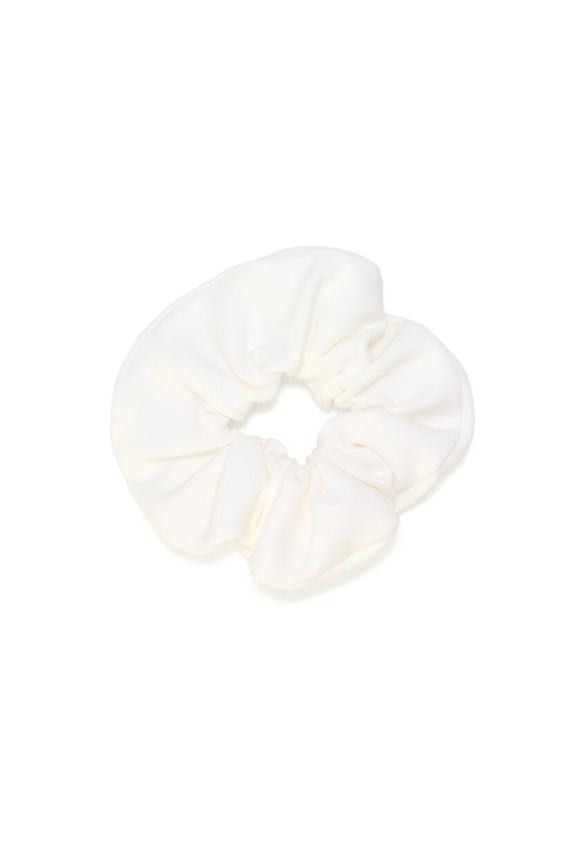 Sustainable white scrunchie crafted from biodegradable, Cradle to Cradle Certified® fabric by Wellicious – a zero-waste, eco-conscious hair accessory