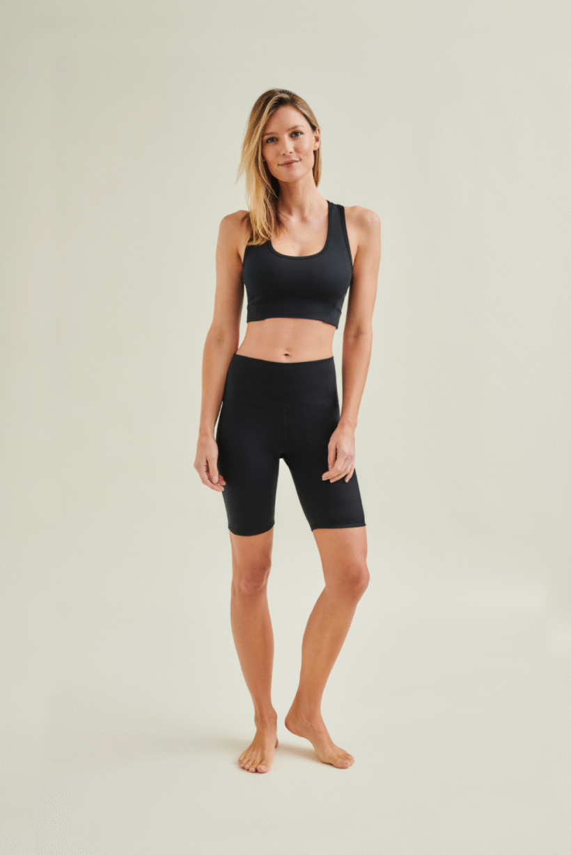 Woman wearing circular design black yoga shorts and black yoga bra by Wellicious styled for Pilates and fitness in breathable, non-toxic fabric