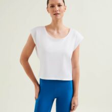 GOTS-certified organic cotton women's yoga top in Diamond White providing sustainable support for active lifestyles, made from biodegradable materials