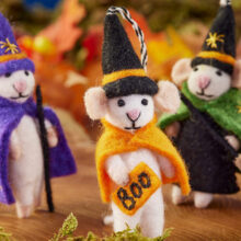 Set of three felt Halloween mice — witch, wizard and boo character