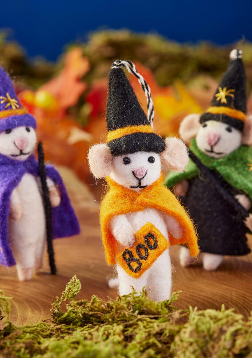 Set of three felt Halloween mice — witch, wizard and boo character