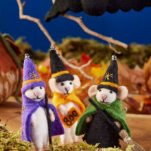 Set of three felt Halloween mice — witch, wizard and boo character