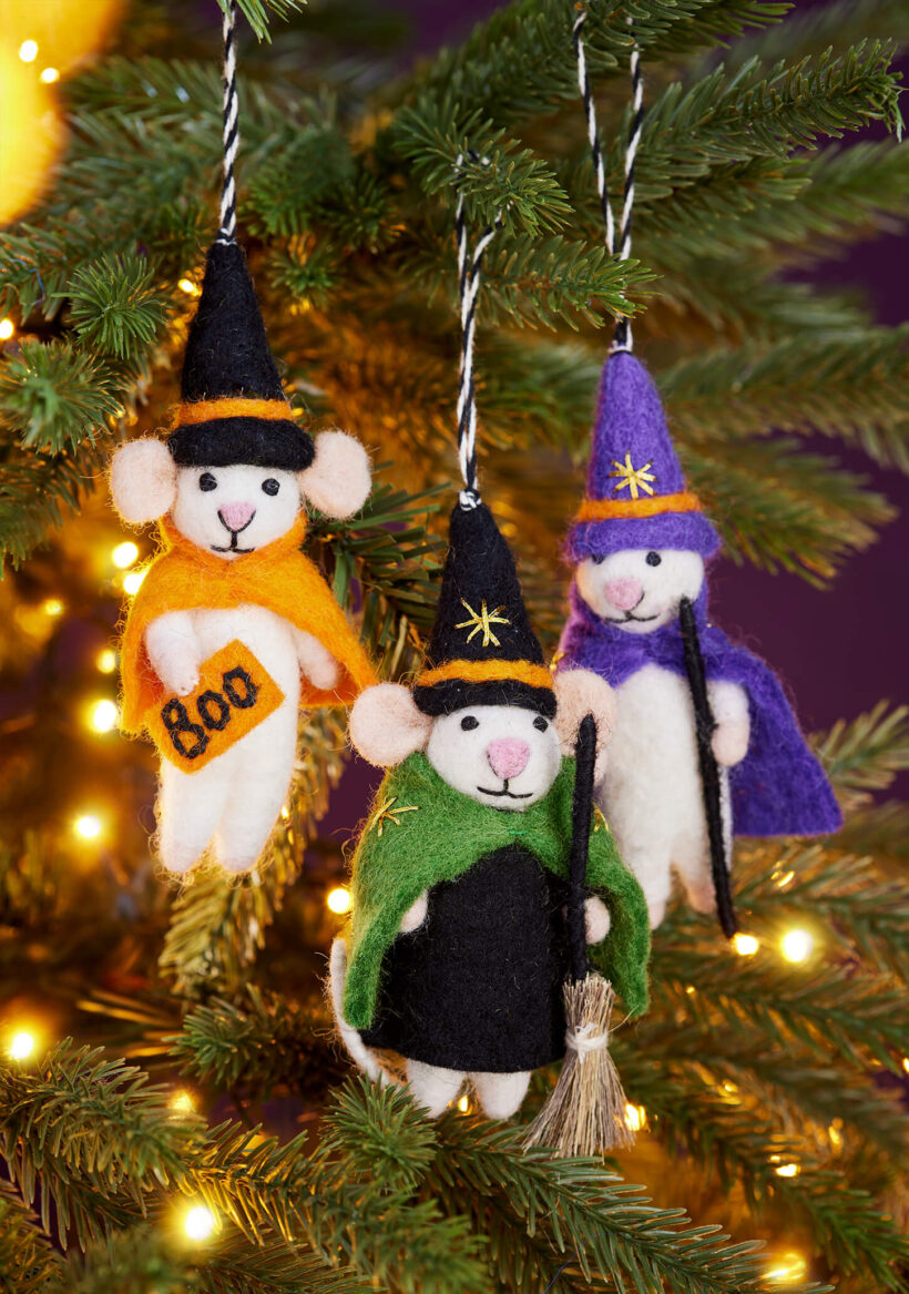 Set of three felt Halloween mice — witch, wizard and boo character
