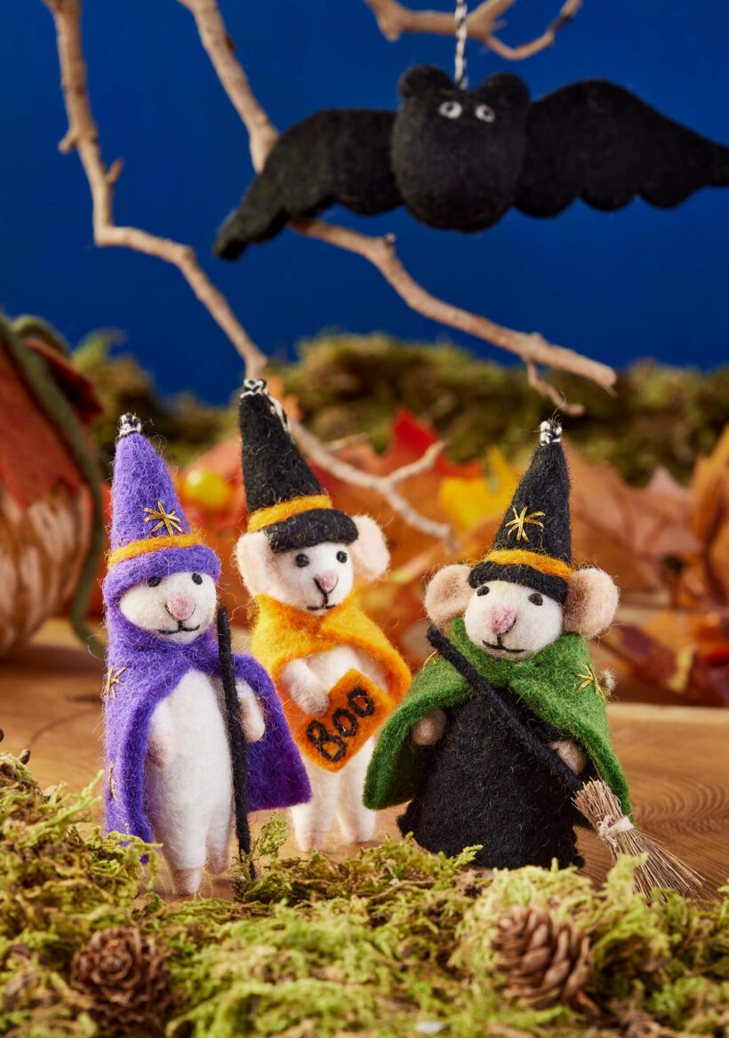 Set of three felt Halloween mice — witch, wizard and boo character