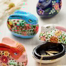 Four Papier Mache Easter Rabbit Boxes hand-painted with delicate floral patterns in different colours