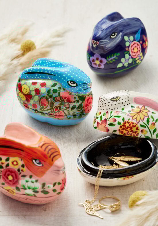 Four Papier Mache Easter Rabbit Boxes hand-painted with delicate floral patterns in different colours